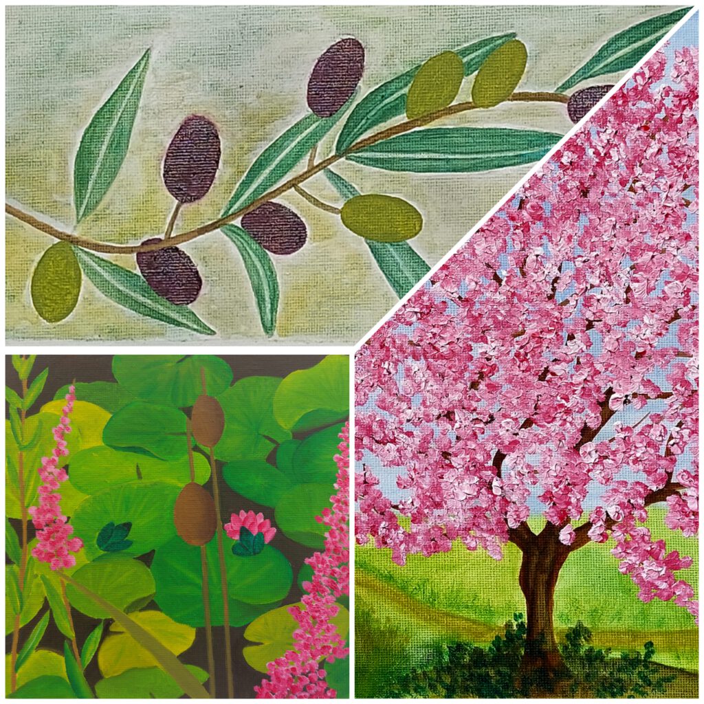Collage mit Olivenzweig, Teichrose, Kirschblüte